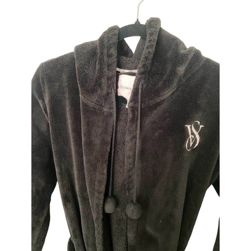 Victoria Secret Black Sherpa Cozy Hooded Robe with Belt Embroidered Logo XS - Picture 5 of 7